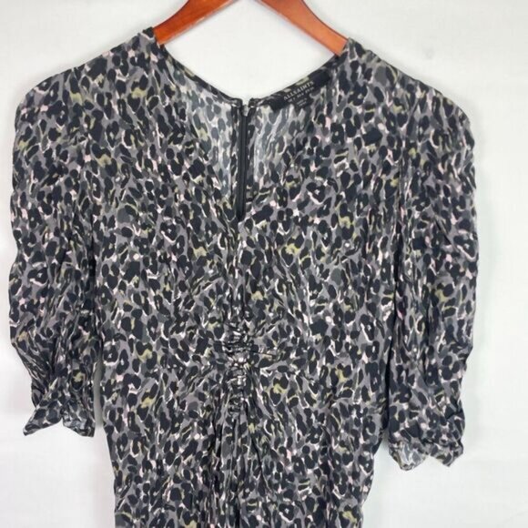 All Saints Josephine Waterleo Ruched Leopard Print Dress Khaki Green US 4 - Picture 4 of 8